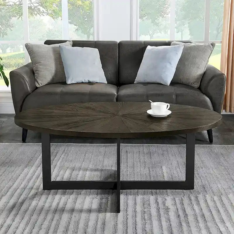 Table basse ovale en frêne avec piètement croisé en fer et étagère à 2 niveaux