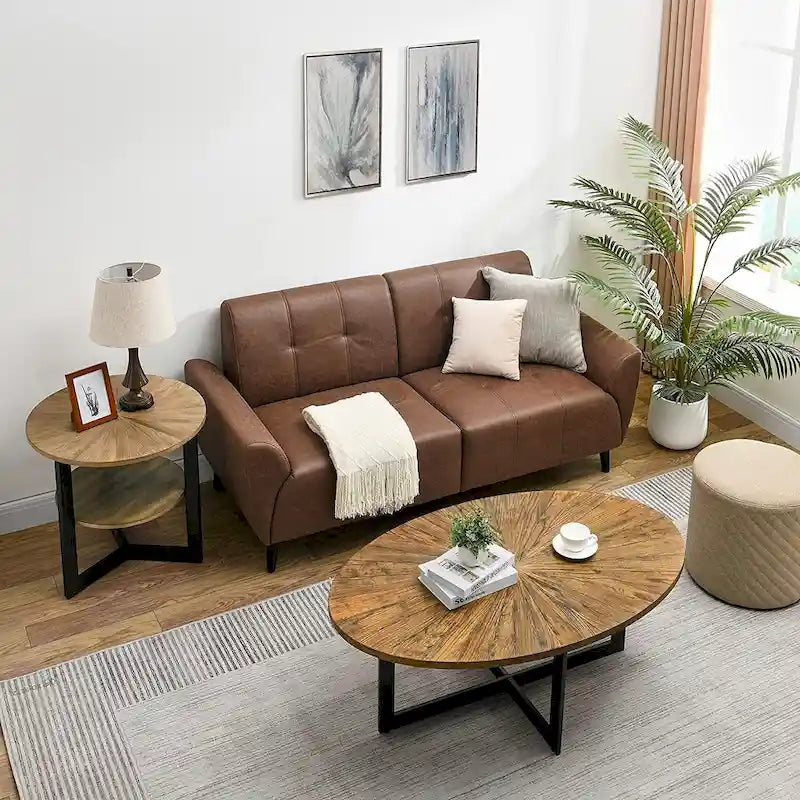 Table basse ovale en frêne avec piètement croisé en fer et étagère à 2 niveaux