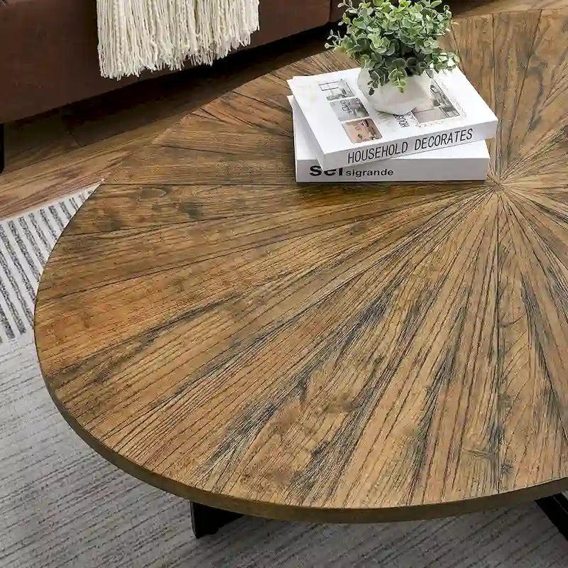 Table basse ovale en frêne avec piètement croisé en fer et étagère à 2 niveaux