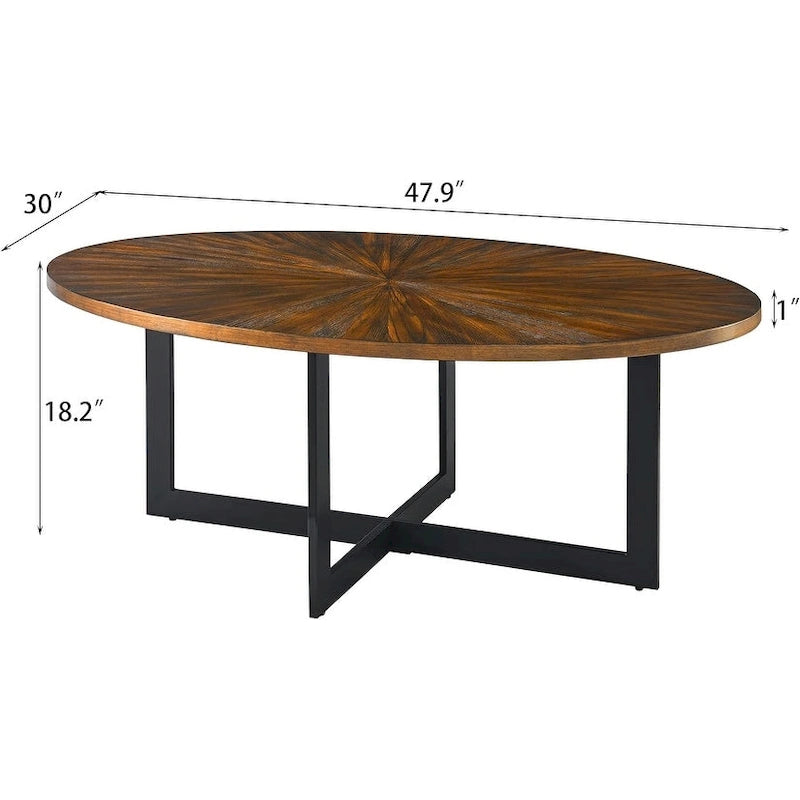 Table basse ovale en frêne avec piètement croisé en fer et étagère à 2 niveaux