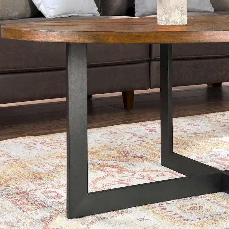 Table basse ovale en frêne avec piètement croisé en fer et étagère à 2 niveaux