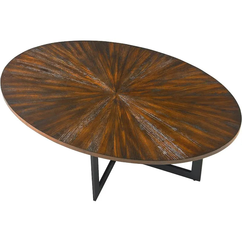 Table basse ovale en frêne avec piètement croisé en fer et étagère à 2 niveaux