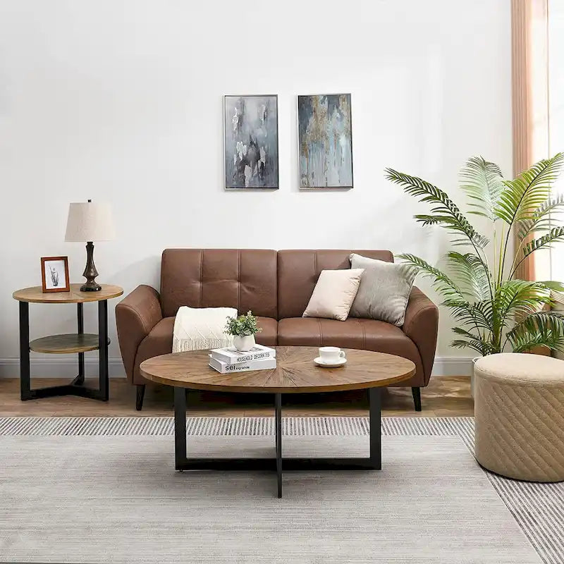 Table basse ovale en frêne avec piètement croisé en fer et étagère à 2 niveaux