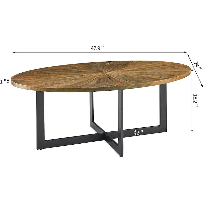 Table basse ovale en frêne avec piètement croisé en fer et étagère à 2 niveaux