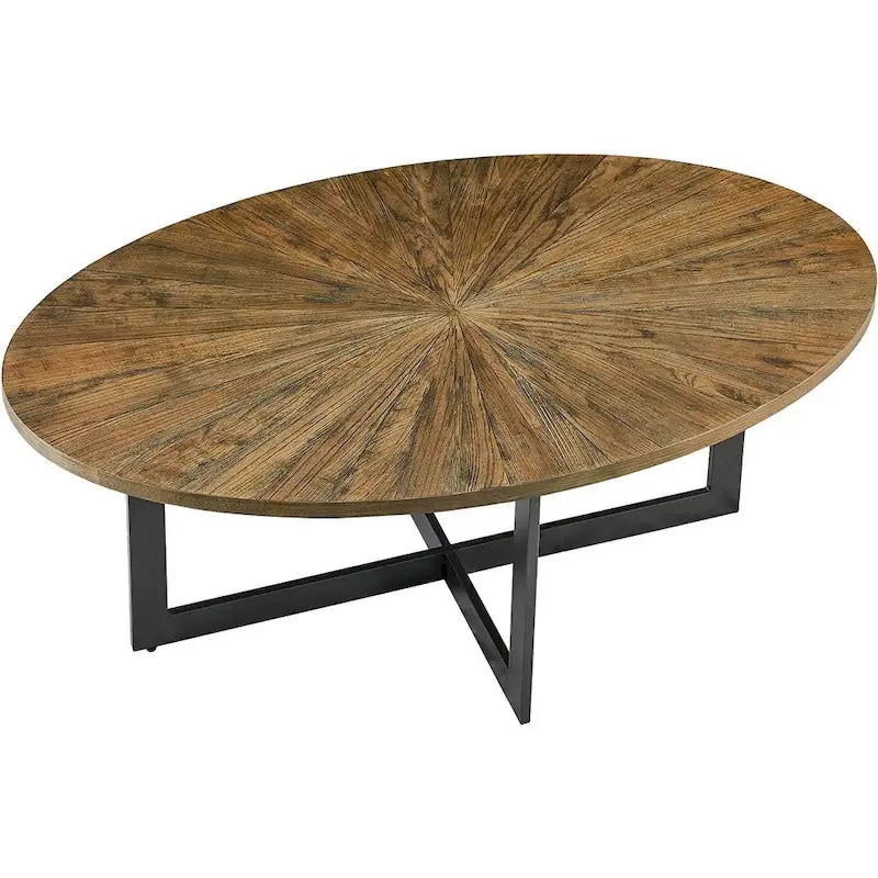 Table basse ovale en frêne avec piètement croisé en fer et étagère à 2 niveaux