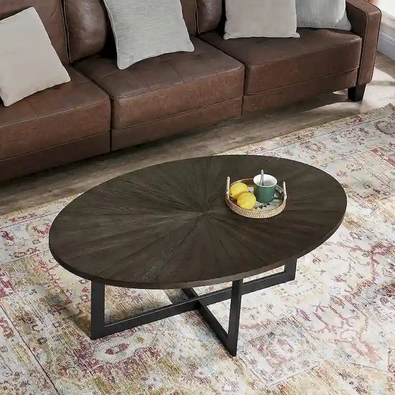 Table basse ovale en frêne avec piètement croisé en fer et étagère à 2 niveaux