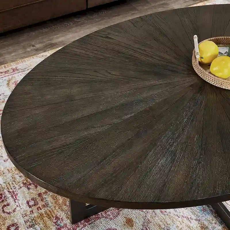Table basse ovale en frêne avec piètement croisé en fer et étagère à 2 niveaux