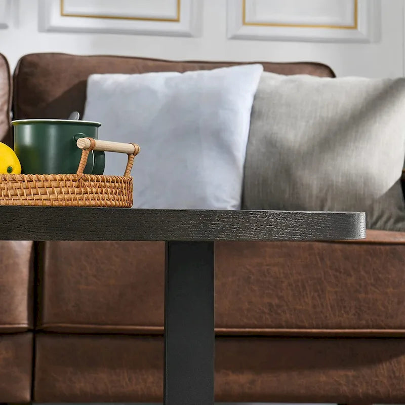 Table basse ovale en frêne avec piètement croisé en fer et étagère à 2 niveaux