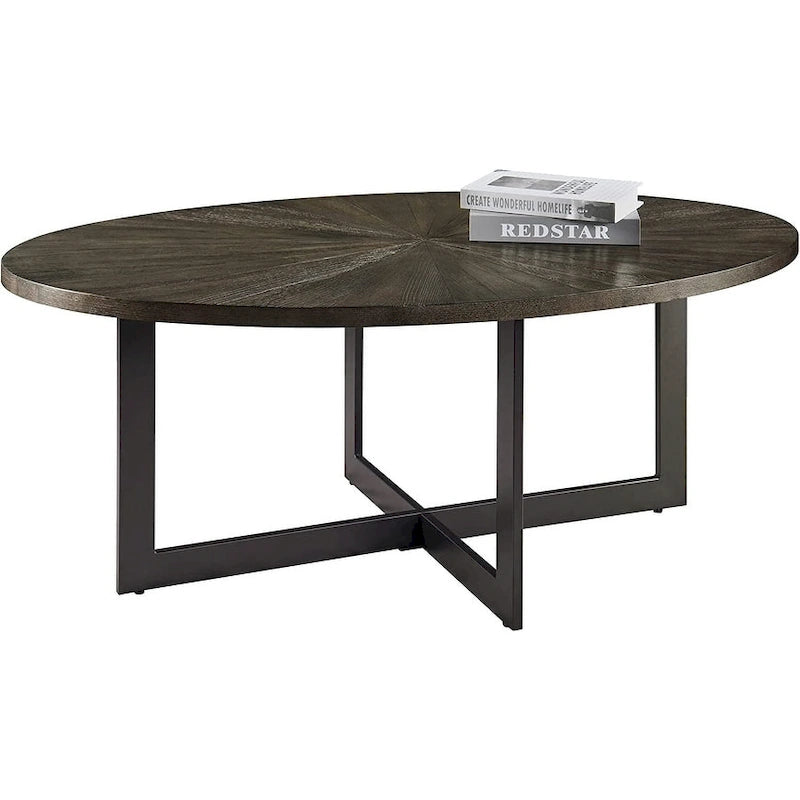Table basse ovale en frêne avec piètement croisé en fer et étagère à 2 niveaux