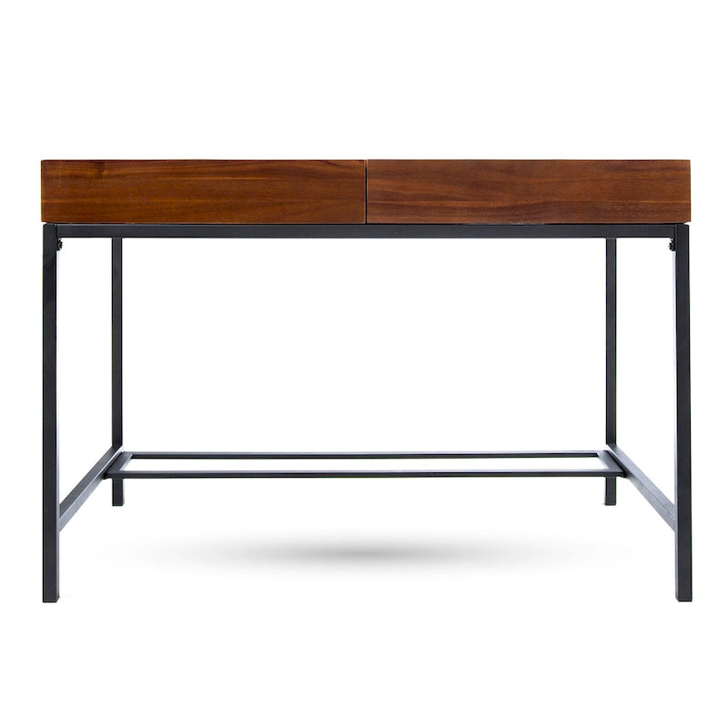 Bureau industriel en bois d'acacia avec 2 tiroirs et cadre en fer – Noyer foncé