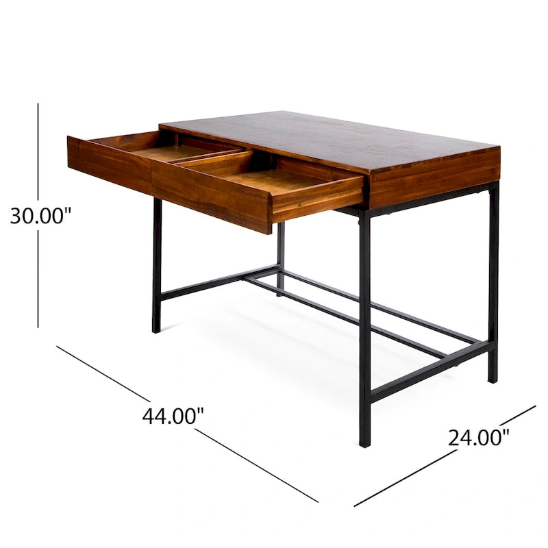 Bureau industriel en bois d'acacia avec 2 tiroirs et cadre en fer – Noyer foncé