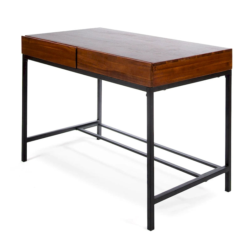 Bureau industriel en bois d'acacia avec 2 tiroirs et cadre en fer – Noyer foncé