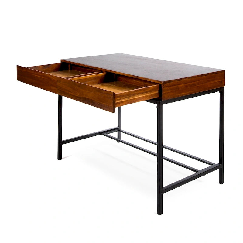 Bureau industriel en bois d'acacia avec 2 tiroirs et cadre en fer – Noyer foncé