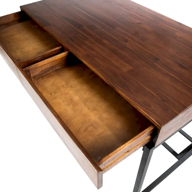 Bureau industriel en bois d'acacia avec 2 tiroirs et cadre en fer – Noyer foncé