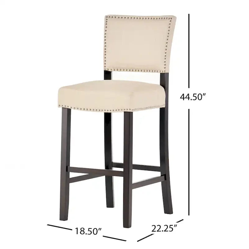 Tabouret de bar contemporain en lin avec garniture cloutée