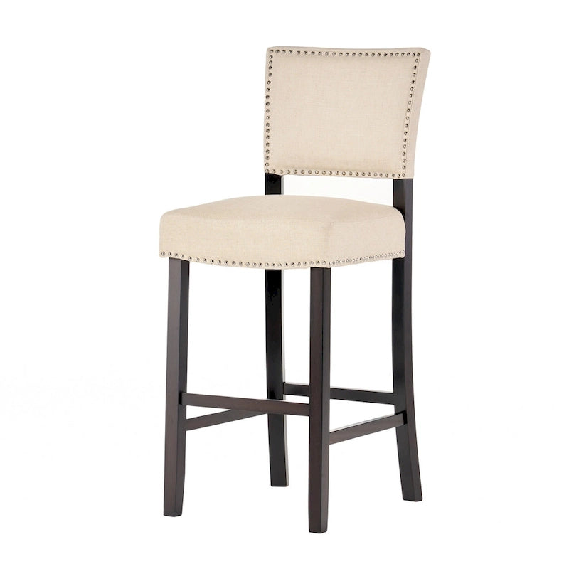 Tabouret de bar contemporain en lin avec garniture cloutée