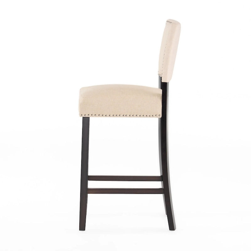 Tabouret de bar contemporain en lin avec garniture cloutée