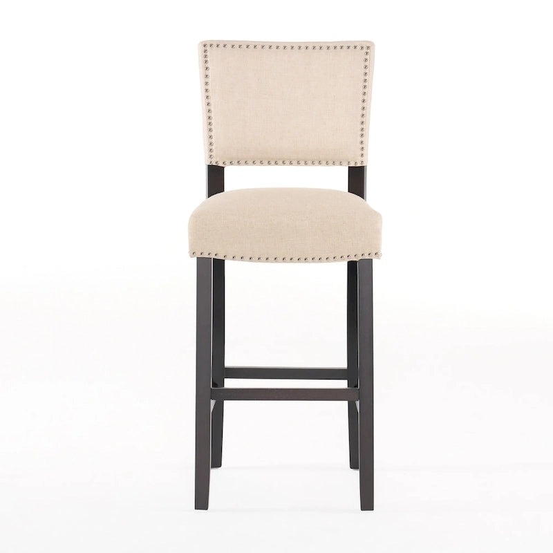 Tabouret de bar contemporain en lin avec garniture cloutée