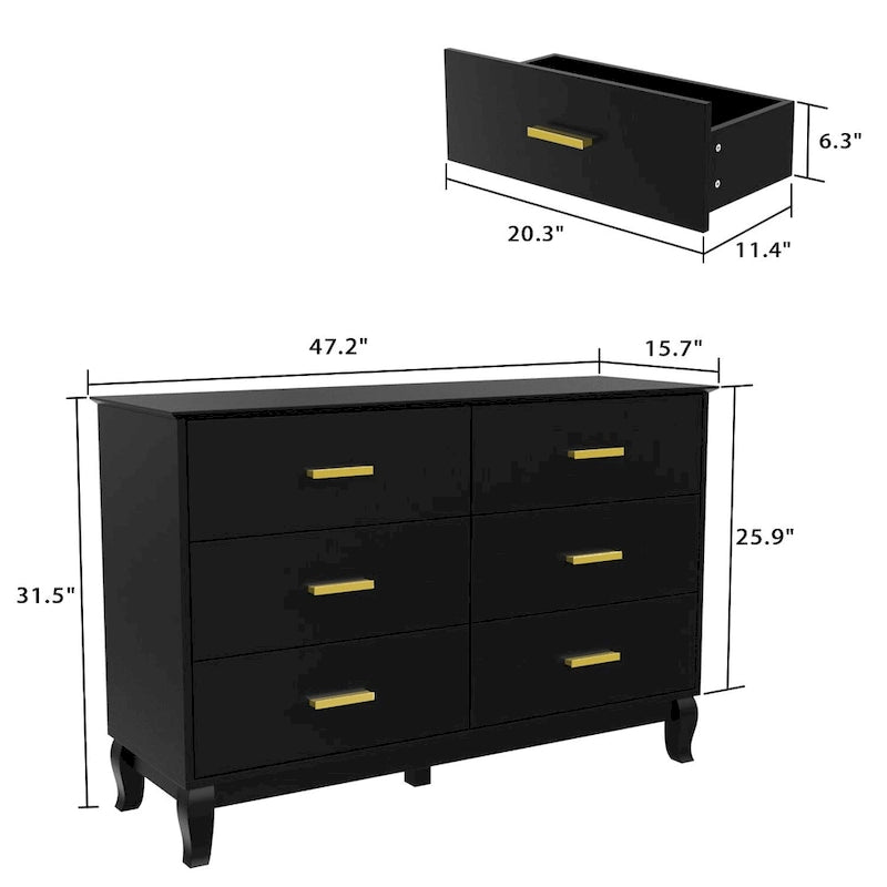 Commode double 6 tiroirs de 120 cm de large avec pieds incurvés, style Mid-Century Modern