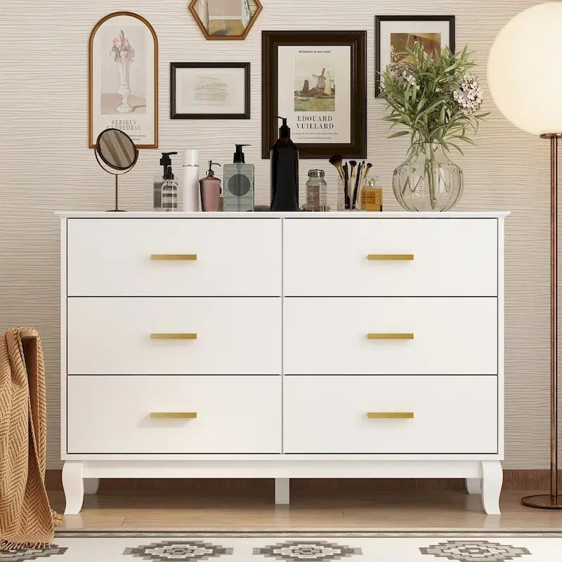 Commode double 6 tiroirs de 120 cm de large avec pieds incurvés, style Mid-Century Modern