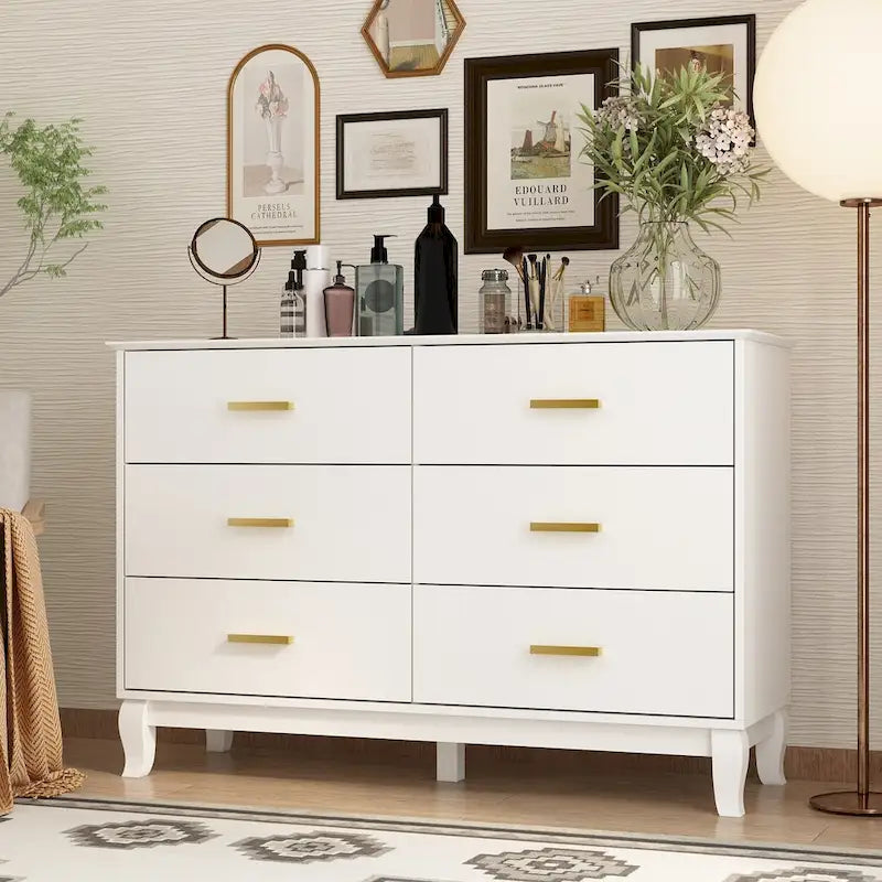 Commode double 6 tiroirs de 120 cm de large avec pieds incurvés, style Mid-Century Modern