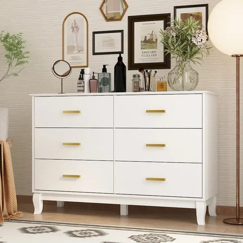 Commode double 6 tiroirs de 120 cm de large avec pieds incurvés, style Mid-Century Modern