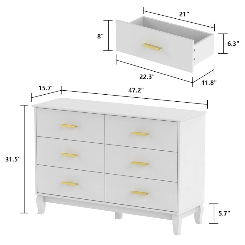 Commode double 6 tiroirs de 120 cm de large avec pieds incurvés, style Mid-Century Modern