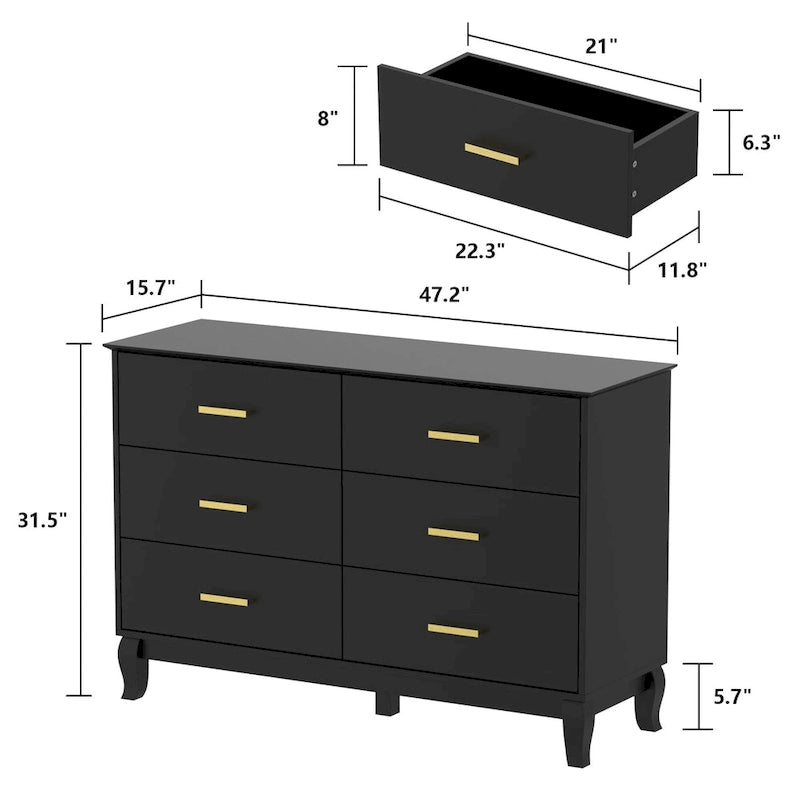 Commode double 6 tiroirs de 120 cm de large avec pieds incurvés, style Mid-Century Modern