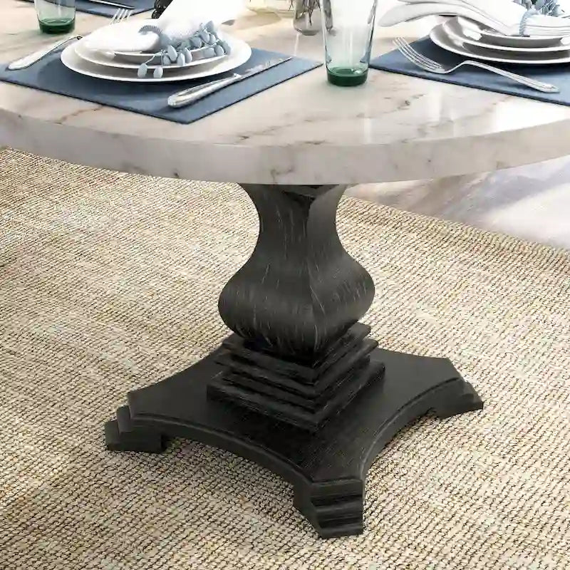 Table de salle à manger ronde de 48 pouces à plateau en marbre et pied sculpté en bois