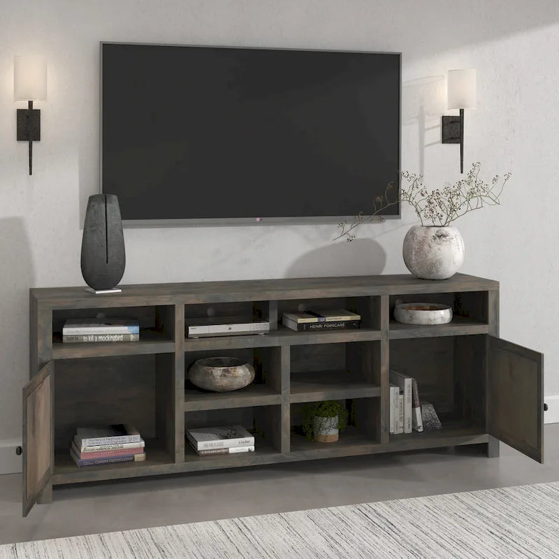 Meuble TV en bois massif rustique de 84 po avec portes et étagères ouvertes – Fini bois de grange