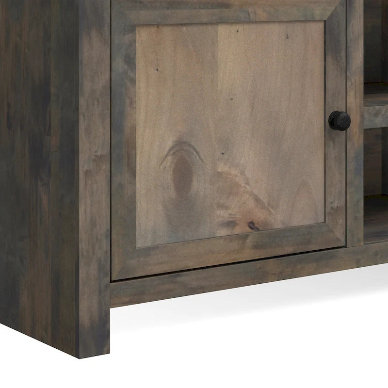 Meuble TV en bois massif rustique de 84 po avec portes et étagères ouvertes – Fini bois de grange