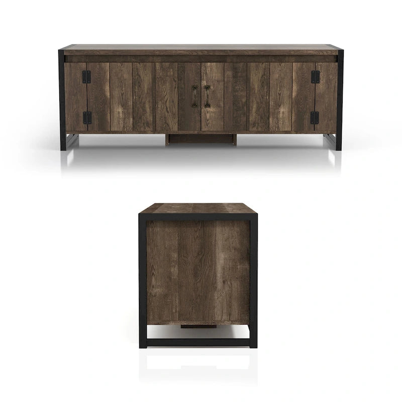 Banc de rangement industriel en chêne avec pieds en fer et portes d'armoire