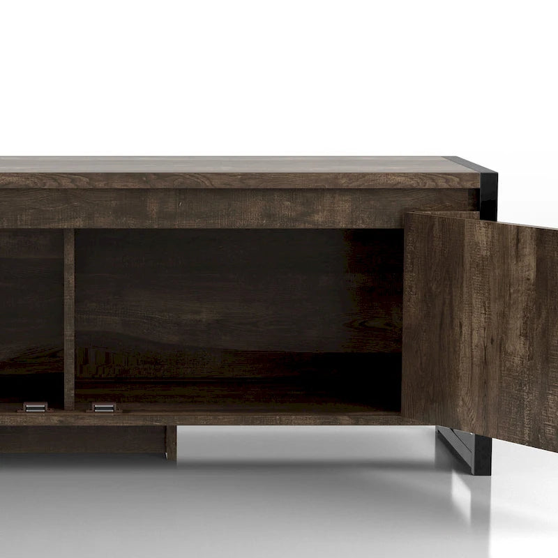Banc de rangement industriel en chêne avec pieds en fer et portes d'armoire