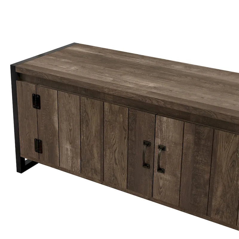 Banc de rangement industriel en chêne avec pieds en fer et portes d'armoire