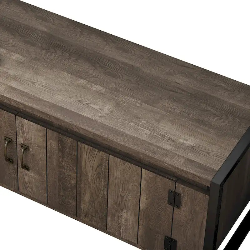 Banc de rangement industriel en chêne avec pieds en fer et portes d'armoire