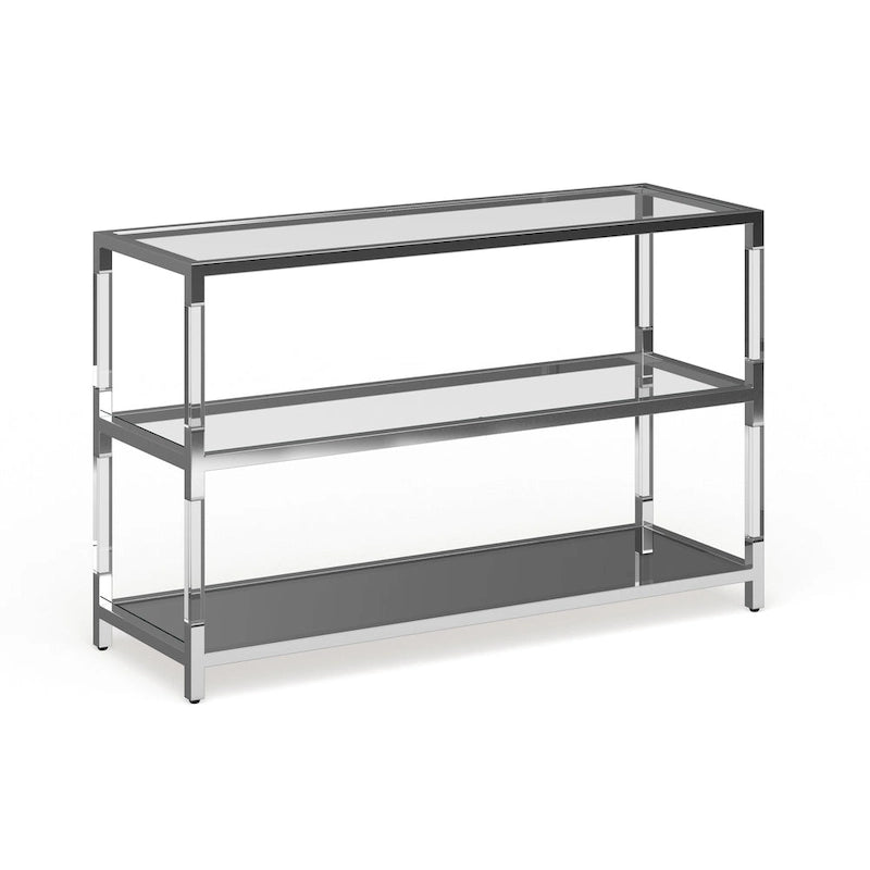 Table basse contemporaine en verre et chrome avec 2 étagères et base en miroir – Plateau en verre trempé