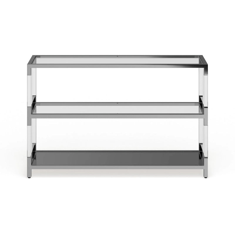 Table basse contemporaine en verre et chrome avec 2 étagères et base en miroir – Plateau en verre trempé