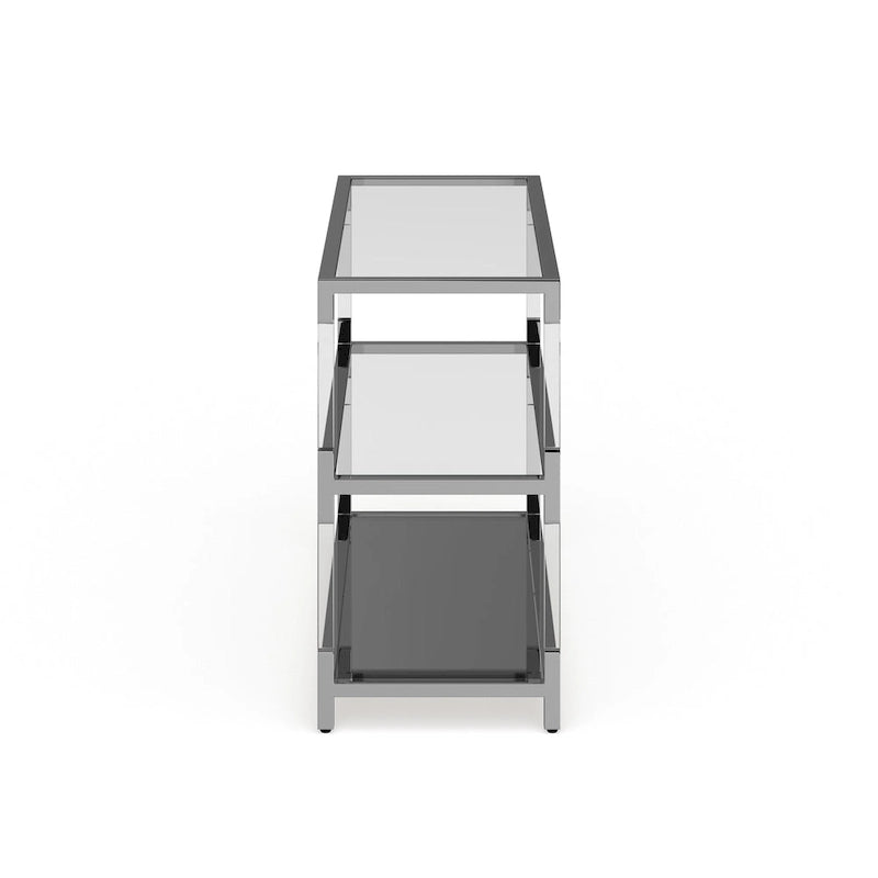 Table basse contemporaine en verre et chrome avec 2 étagères et base en miroir – Plateau en verre trempé
