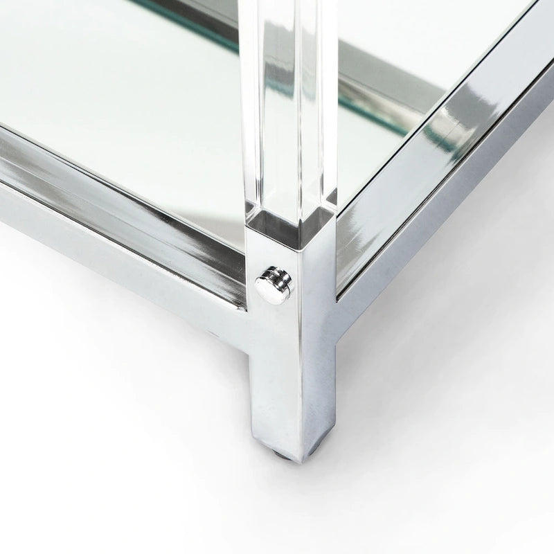 Table basse contemporaine en verre et chrome avec 2 étagères et base en miroir – Plateau en verre trempé