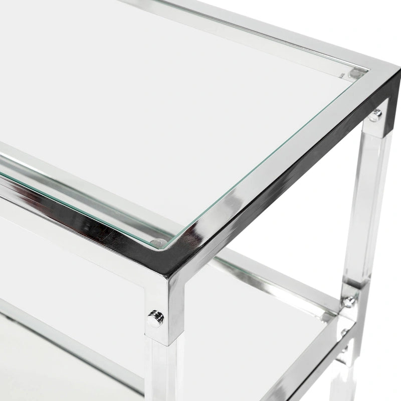 Table basse contemporaine en verre et chrome avec 2 étagères et base en miroir – Plateau en verre trempé