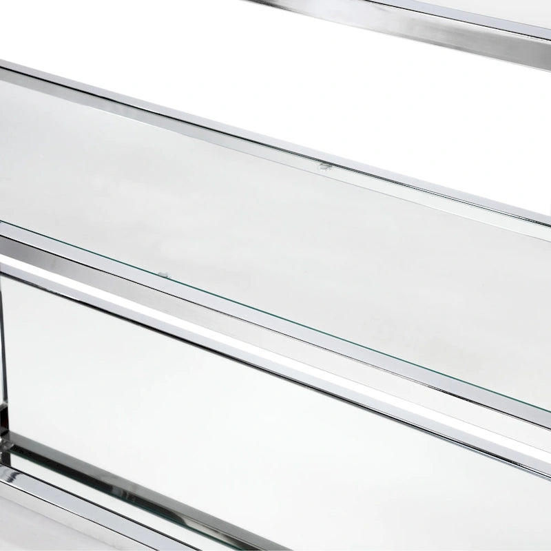 Table basse contemporaine en verre et chrome avec 2 étagères et base en miroir – Plateau en verre trempé