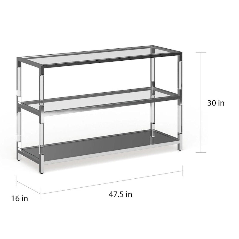 Table basse contemporaine en verre et chrome avec 2 étagères et base en miroir – Plateau en verre trempé
