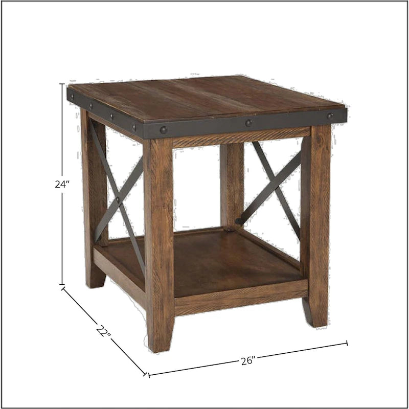 Table d'appoint rustique avec finition vieillie brun canyon, bande métallique cloutée et plateau en bois