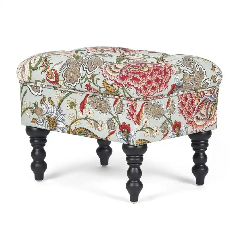 Repose-Pieds et Banc de Coiffeuse Matelassé à Motif Floral avec Cadre en Bois Massif