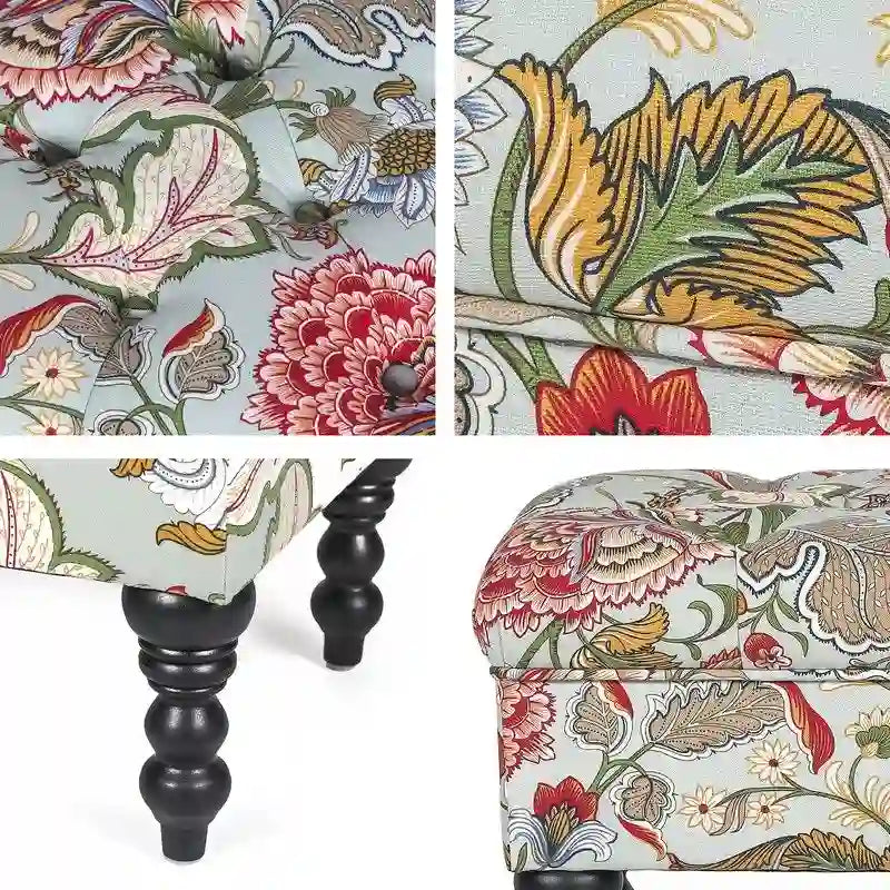Repose-Pieds et Banc de Coiffeuse Matelassé à Motif Floral avec Cadre en Bois Massif