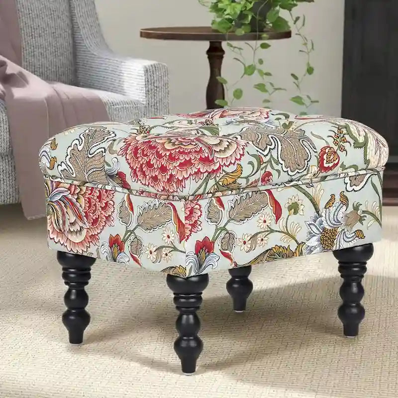 Repose-Pieds et Banc de Coiffeuse Matelassé à Motif Floral avec Cadre en Bois Massif