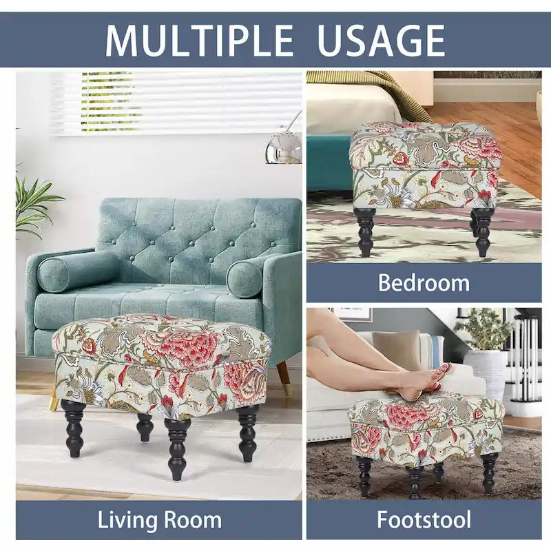 Repose-Pieds et Banc de Coiffeuse Matelassé à Motif Floral avec Cadre en Bois Massif