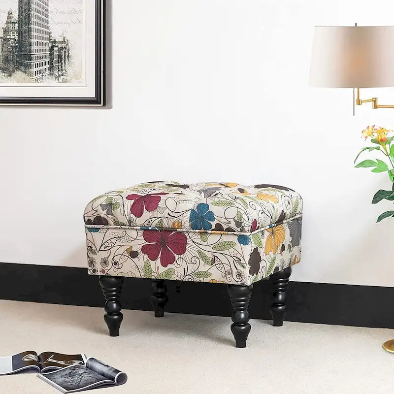 Repose-Pieds et Banc de Coiffeuse Matelassé à Motif Floral avec Cadre en Bois Massif
