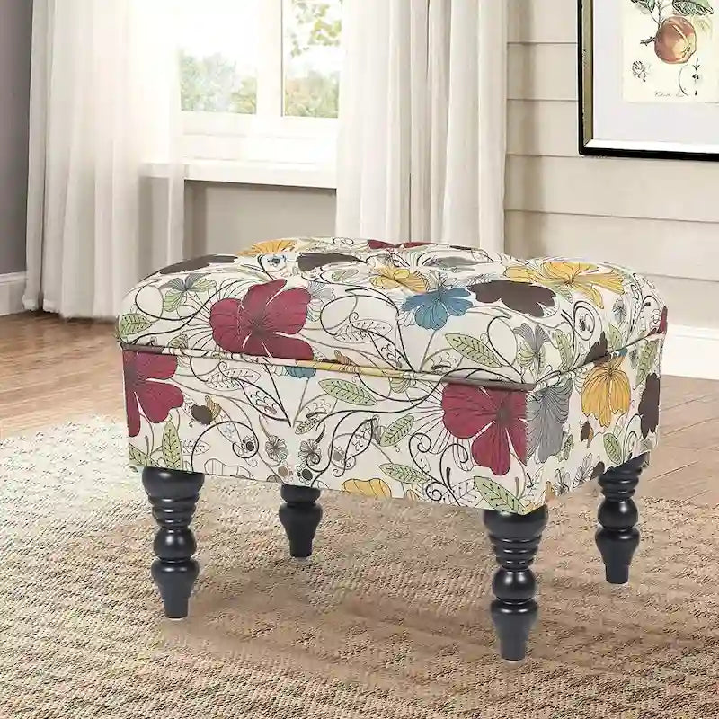 Repose-Pieds et Banc de Coiffeuse Matelassé à Motif Floral avec Cadre en Bois Massif