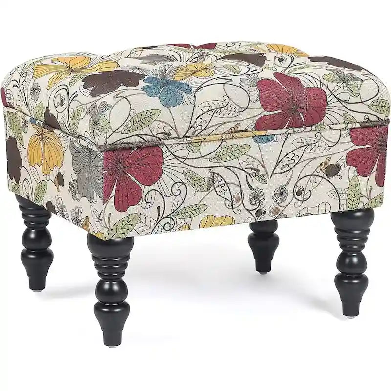Repose-Pieds et Banc de Coiffeuse Matelassé à Motif Floral avec Cadre en Bois Massif